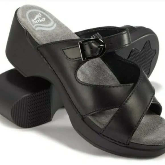 Dansko Sela Slides Mules Leather Criss Cross Sandals Silver Buckle Black size 37