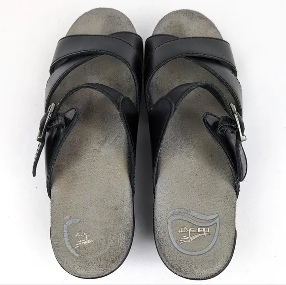Dansko Sela Slides Mules Leather Criss Cross Sandals Silver Buckle Black size 37