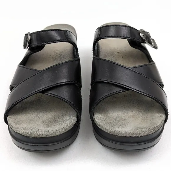 Dansko Sela Slides Mules Leather Criss Cross Sandals Silver Buckle Black size 37