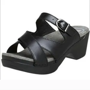 Dansko Sela Slides Mules Leather Criss Cross Sandals Silver Buckle Black size 37