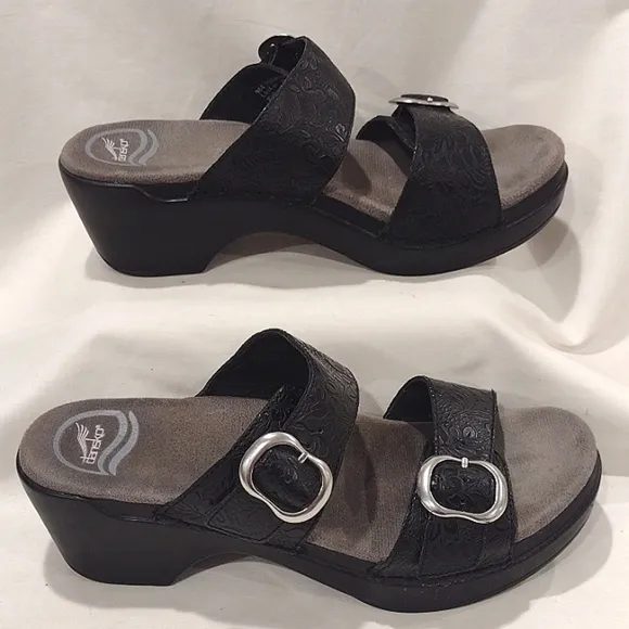 Dansko Sophie Buckle Leather Platform Slides Embossed Leather EU 37 NWOB