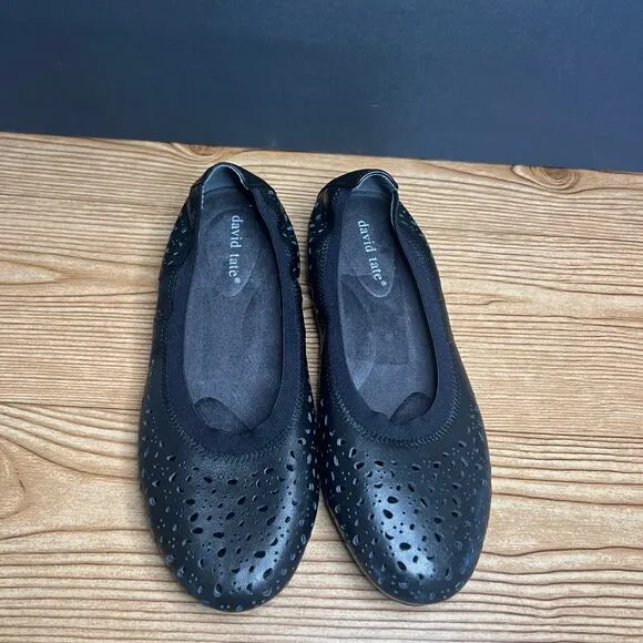 David Tate Black Leather Laser Cut Comfort Ballet Flats Womens 7