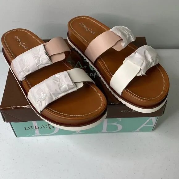 Diba Carol Bee Pink White Leather Slip-On Buckle Straps Slides Sandals Platform