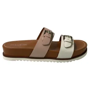 Diba Carol Bee Pink White Leather Slip-On Buckle Straps Slides Sandals Platform