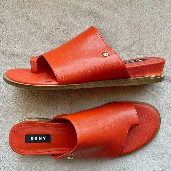 DKNY Daz Red Orange Leather Slide Sandals Women 9 M Toe Loop Casual Resort