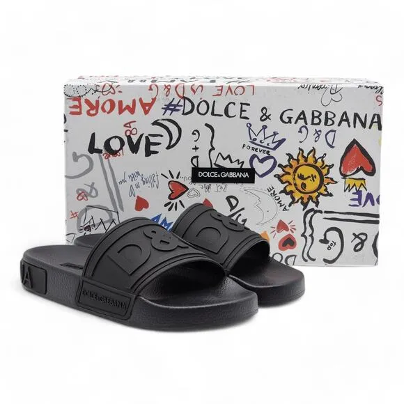 Dolce &amp; Gabbana DG Logo Beachwear Women's Rubber Slides Black EU 36 US 6 - NWB