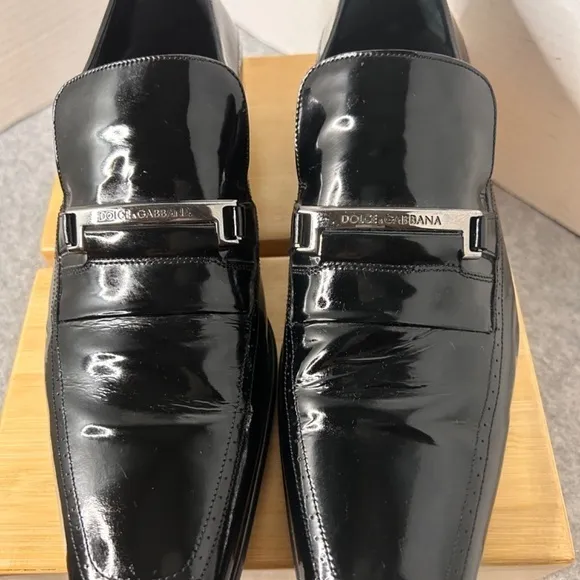 Dolce Gabbana Mens Black Patent Leather Loafer Silver Name Plate EUC Sz 7 US