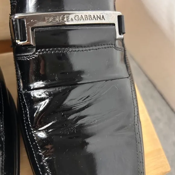 Dolce Gabbana Mens Black Patent Leather Loafer Silver Name Plate EUC Sz 7 US