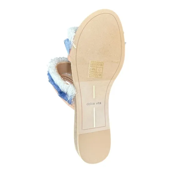 Dolce Vita Fringe Double Strap Slide Sandals Blue White Tan Size 7