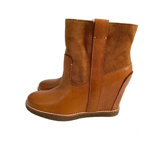 Dolce Vita Womens Pavlos Cognac Leather Ankle Boots Wedge Heeled Booties Sz 8.5