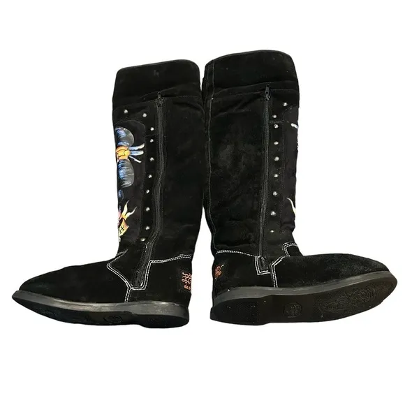 Don Ed Hardy Kiss Of Death Geisha Black Suede Fur Lined Knee High Boots Sz. 5