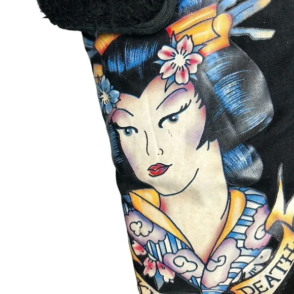 Don Ed Hardy Kiss Of Death Geisha Black Suede Fur Lined Knee High Boots Sz. 5