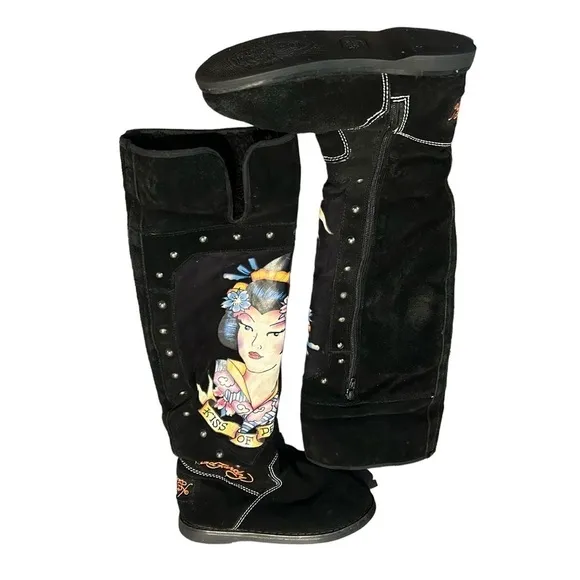 Don Ed Hardy Kiss Of Death Geisha Black Suede Fur Lined Knee High Boots Sz. 5