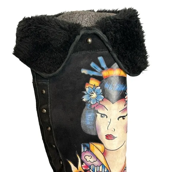 Don Ed Hardy Kiss Of Death Geisha Black Suede Fur Lined Knee High Boots Sz. 5