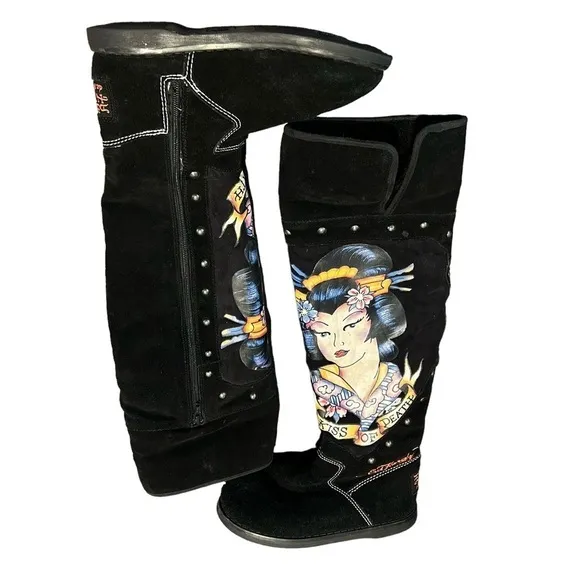 Don Ed Hardy Kiss Of Death Geisha Black Suede Fur Lined Knee High Boots Sz. 5