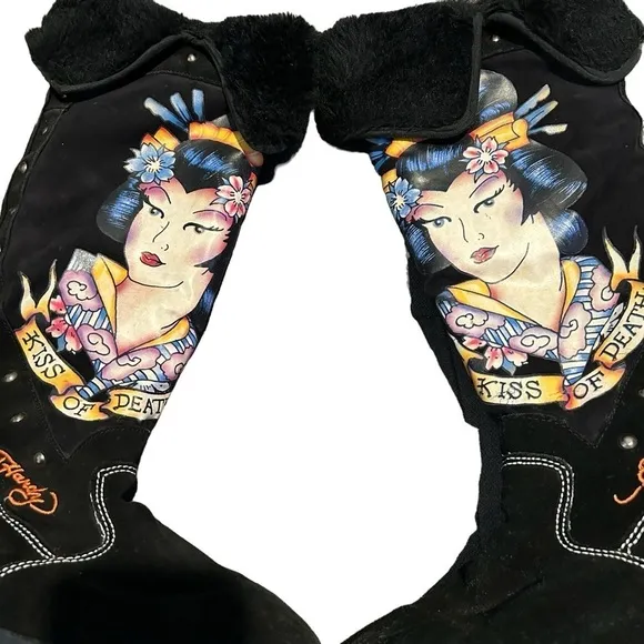 Don Ed Hardy Kiss Of Death Geisha Black Suede Fur Lined Knee High Boots Sz. 5