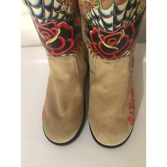 Don Ed Hardy Womens Boots Sz 5 Suede Fur Lined‎ Rose Graphics Studded Cream Tan