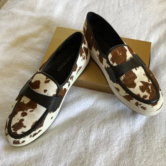 Donald J. Pliner Richie Leather Loafers Brown Cow Hair SZ 9.5