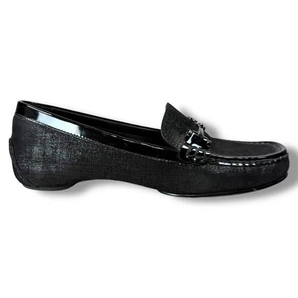 Donald Pliner Filo Black Metallic Leather Slip On Loafers, Driving Moc, Size 8.5