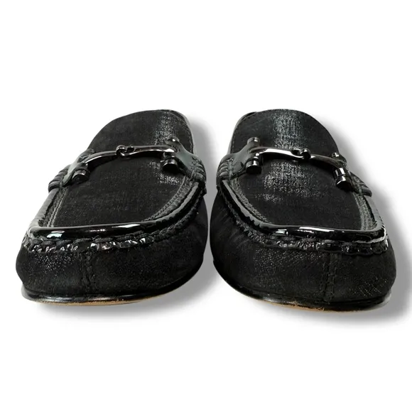 Donald Pliner Filo Black Metallic Leather Slip On Loafers, Driving Moc, Size 8.5