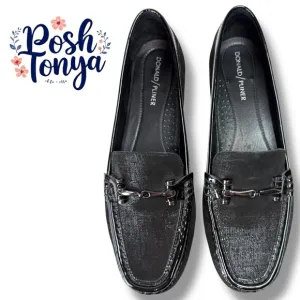 Donald Pliner Filo Black Metallic Leather Slip On Loafers, Driving Moc, Size 8.5
