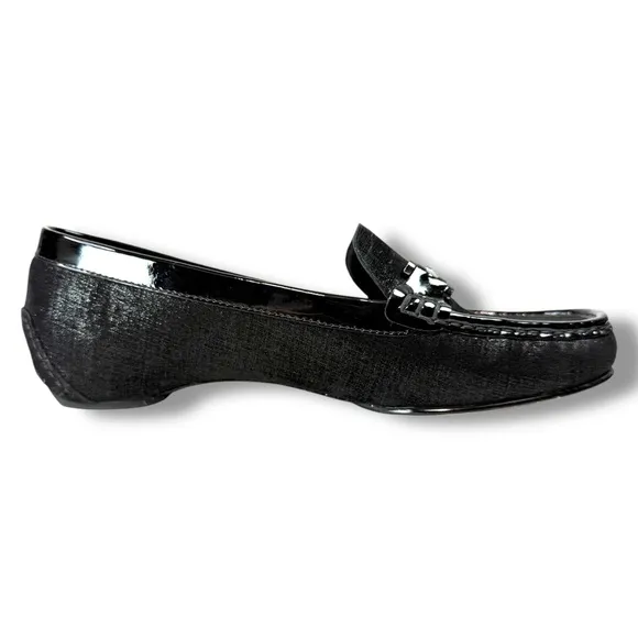 Donald Pliner Filo Black Metallic Leather Slip On Loafers, Driving Moc, Size 8.5