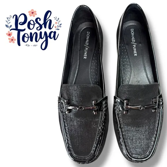 Donald Pliner Filo Black Metallic Leather Slip On Loafers, Driving Moc, Size 8.5