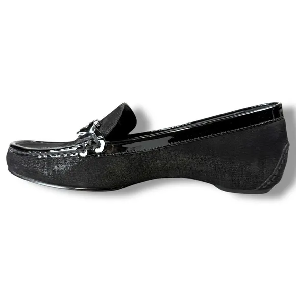 Donald Pliner Filo Black Metallic Leather Slip On Loafers, Driving Moc, Size 8.5