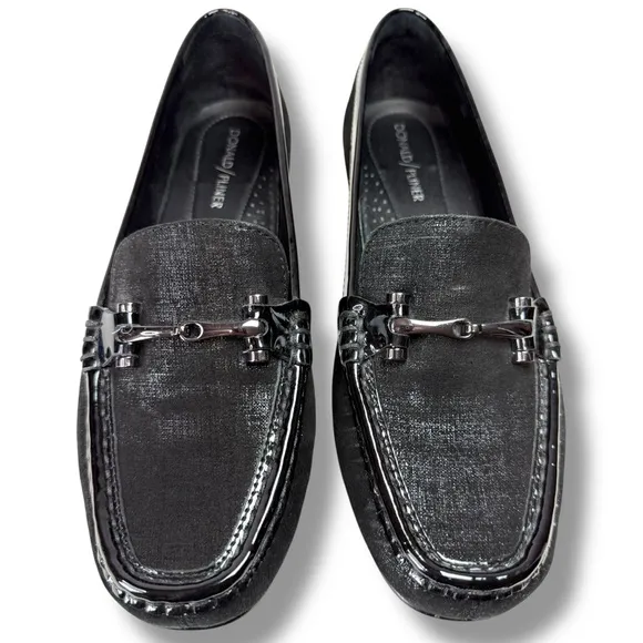 Donald Pliner Filo Black Metallic Leather Slip On Loafers, Driving Moc, Size 8.5