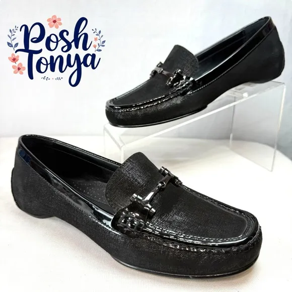 Donald Pliner Filo Black Metallic Leather Slip On Loafers, Driving Moc, Size 8.5