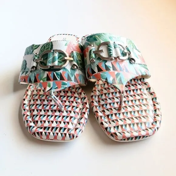 Donald Pliner Floral &amp; Geometric Print Leather Slides Flip Flops Summer Shoes