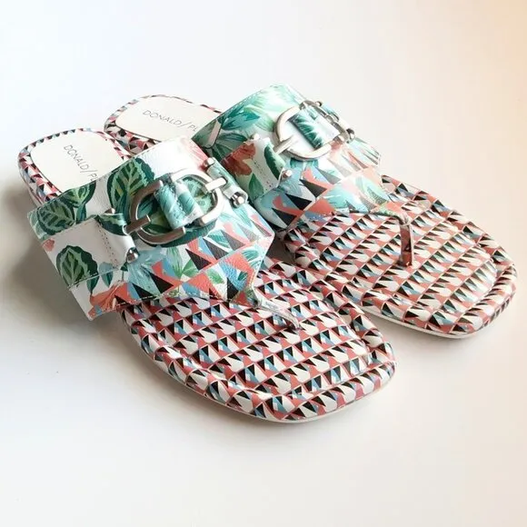 Donald Pliner Floral &amp; Geometric Print Leather Slides Flip Flops Summer Shoes