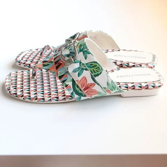 Donald Pliner Floral &amp; Geometric Print Leather Slides Flip Flops Summer Shoes