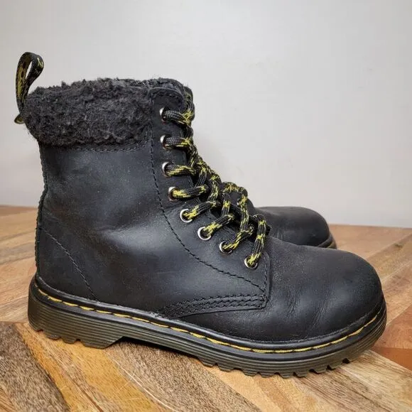 DR. MARTENS 1460 COLLAR J Black Leather  Faux Fur Cuff Boots Size 11 Youth