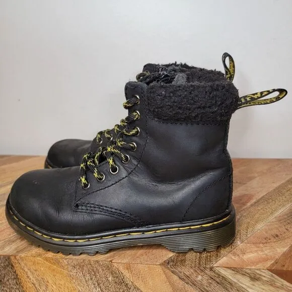 DR. MARTENS 1460 COLLAR J Black Leather  Faux Fur Cuff Boots Size 11 Youth