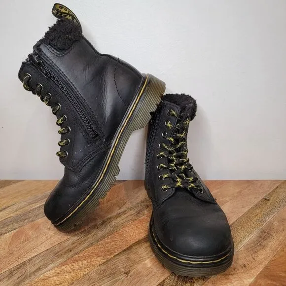 DR. MARTENS 1460 COLLAR J Black Leather  Faux Fur Cuff Boots Size 11 Youth