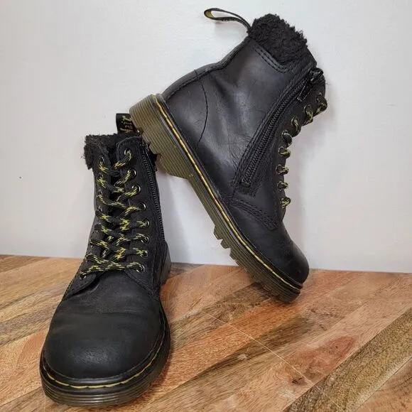 DR. MARTENS 1460 COLLAR J Black Leather  Faux Fur Cuff Boots Size 11 Youth