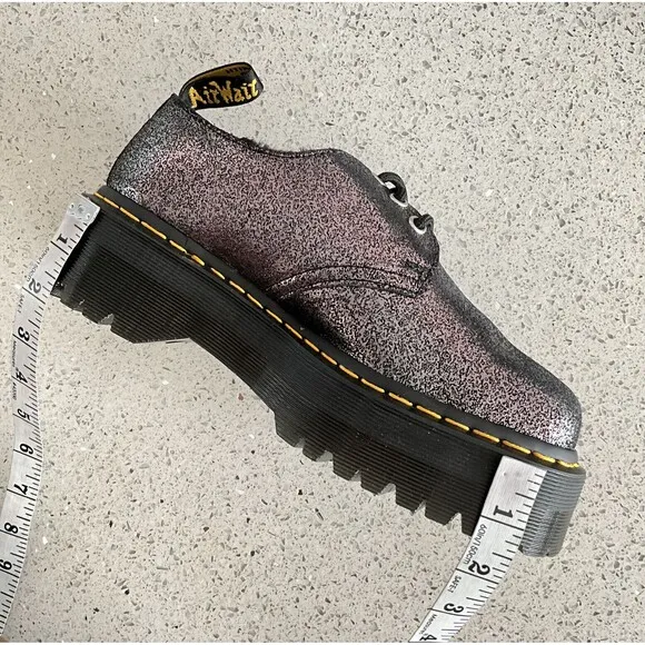 Dr. Martens Boots 7M Black Crackled Metallic Leather 1461 Quad Platform Warmwair