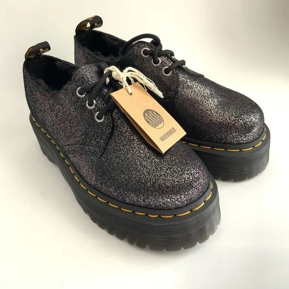 Dr. Martens Boots 7M Black Crackled Metallic Leather 1461 Quad Platform Warmwair