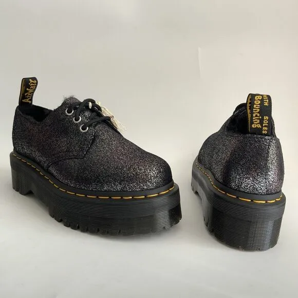 Dr. Martens Boots 7M Black Crackled Metallic Leather 1461 Quad Platform Warmwair