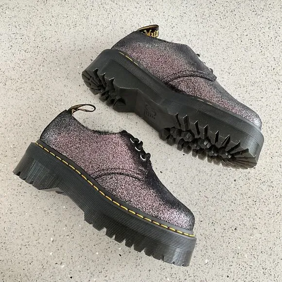 Dr. Martens Boots 7M Black Crackled Metallic Leather 1461 Quad Platform Warmwair