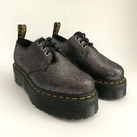Dr. Martens Boots 9M Black Lined Crackled Metallic Leather 1461 Quad Platform