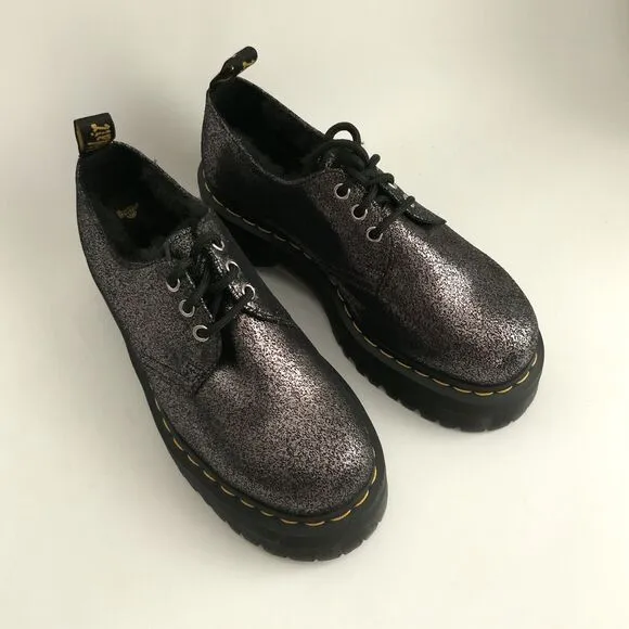 Dr. Martens Boots 9M Black Lined Crackled Metallic Leather 1461 Quad Platform