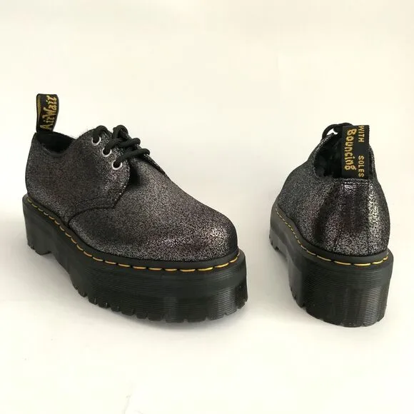 Dr. Martens Boots 9M Black Lined Crackled Metallic Leather 1461 Quad Platform