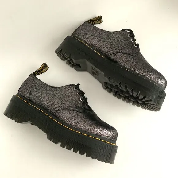 Dr. Martens Boots 9M Black Lined Crackled Metallic Leather 1461 Quad Platform