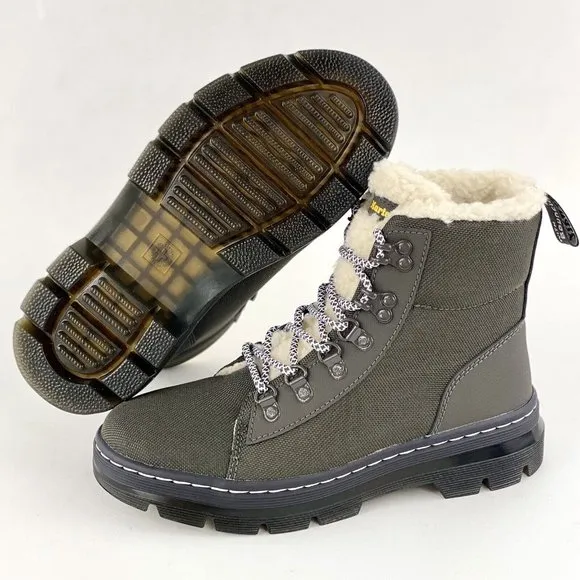 Dr Martens Combs FL Gunmetal Gray Women's Boots Faux Fur Lined Lace Up
