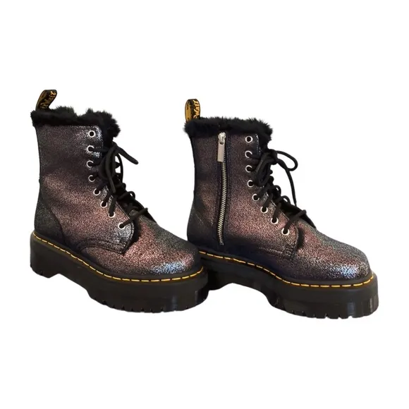 Dr. Martens Jadon Black &amp; Silver Metallic Fur Lined Platform Combat Boots Size 6