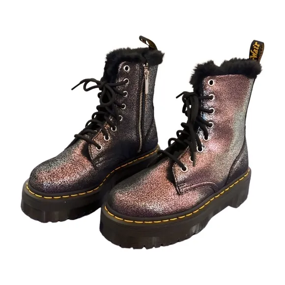 Dr. Martens Jadon Black &amp; Silver Metallic Fur Lined Platform Combat Boots Size 6