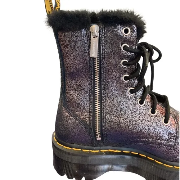 Dr. Martens Jadon Black &amp; Silver Metallic Fur Lined Platform Combat Boots Size 6