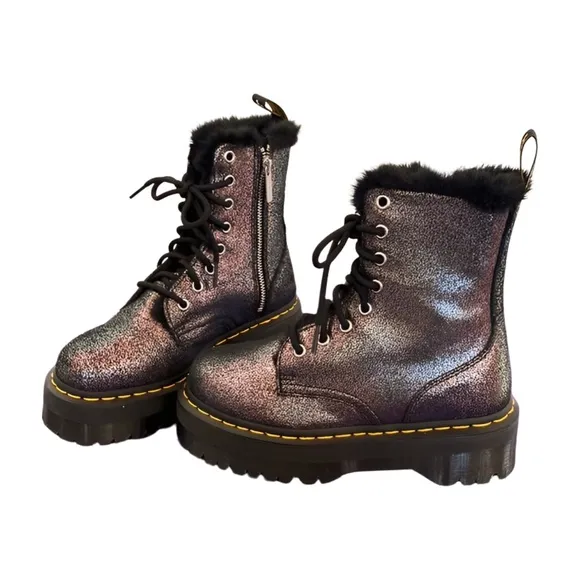 Dr. Martens Jadon Black &amp; Silver Metallic Fur Lined Platform Combat Boots Size 6